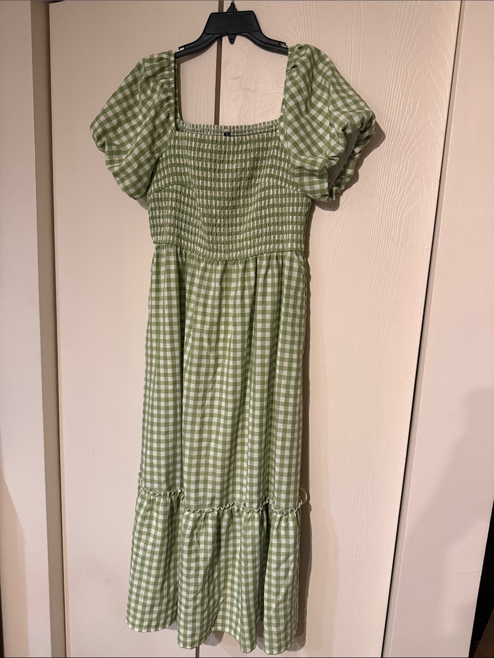 Gingham Puff-Sleeve Smocked Midi Dress in Light Green